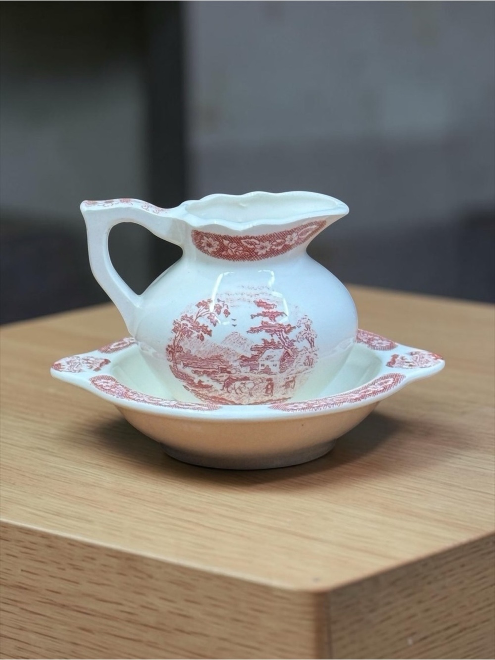 Red Toile Scene Cream Pitcher and Bowl